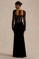 Finesse | Black Lace And Velvet Square-Neck Maxi Dress With Draped Skirt