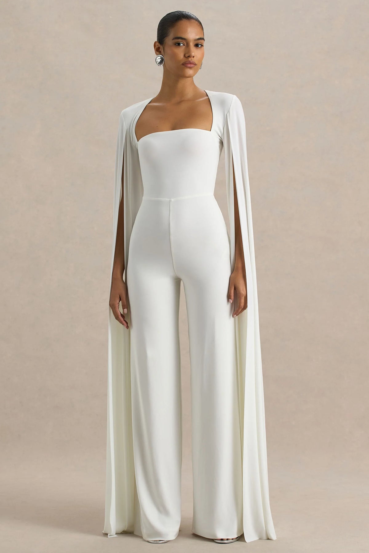 Zara | White Square-Neck Jumpsuit With Cape Sleeves