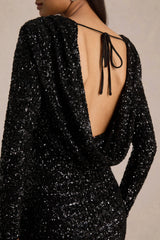 Mercedes | Black Sequin Boat-Neck Mini Dress With Long-Sleeves And Draped Detailing
