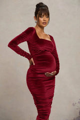 New Life | Berry Velvet Maternity Square Neck Ruched Midi Dress