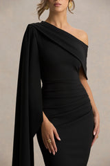 Leah | Black Asymmetric-Neck Midi Dress With Cape-Sleeve And Draped Detailing