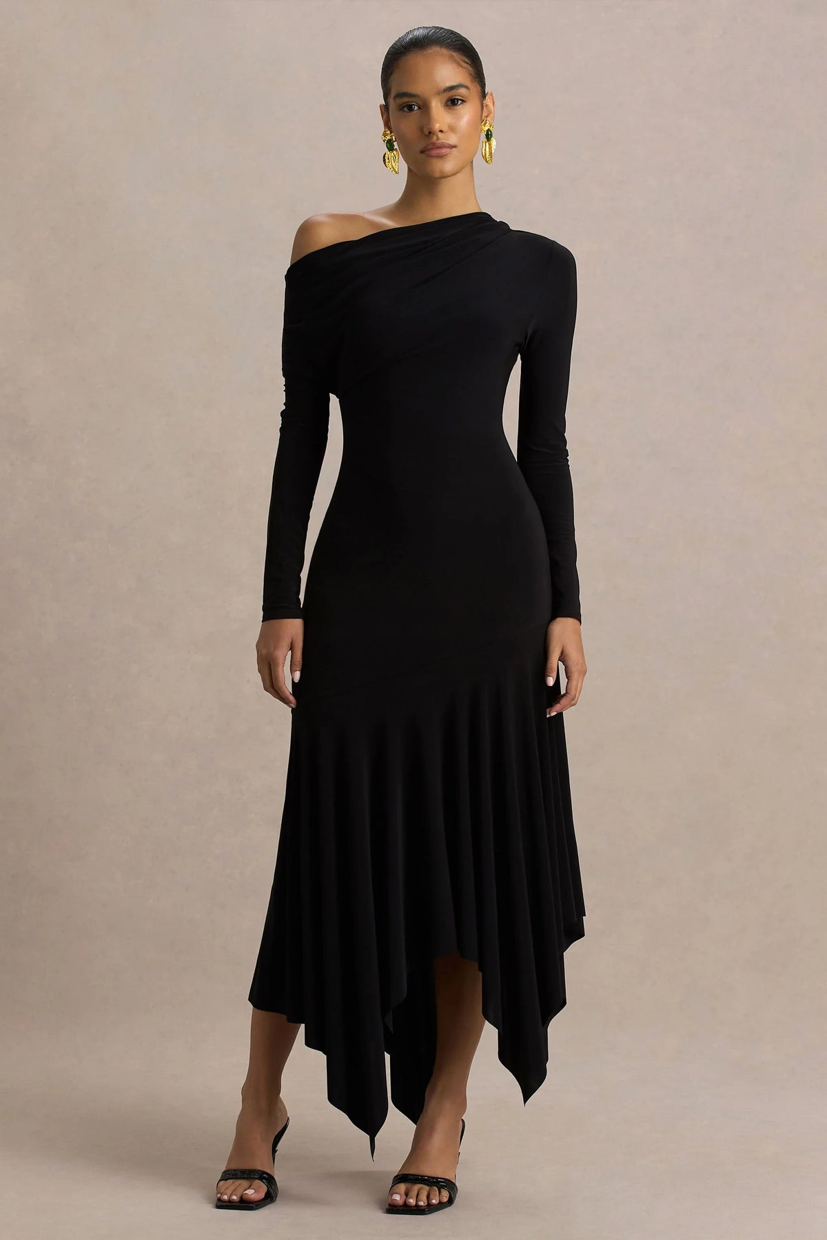 Isola | Black Asymmetric-Neck Midi Dress With Drop-Waist