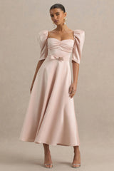 Rosey | Pale Pink Satin Sweetheart Midi Dress