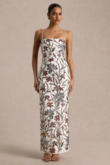 Kyle | Cream Sequin Floral Embellished Square-Neck Maxi Dress