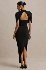 Enchant | Black Asymmetric Twisted Cape Midi Dress