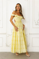 Secrets You Keep Off Shoulder Embroidered Maxi Dress Yellow