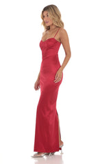 Satin Bodycon Maxi Dress in Red