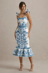 Sarey | Blue Porcelain Print Ruffle Midi Dress