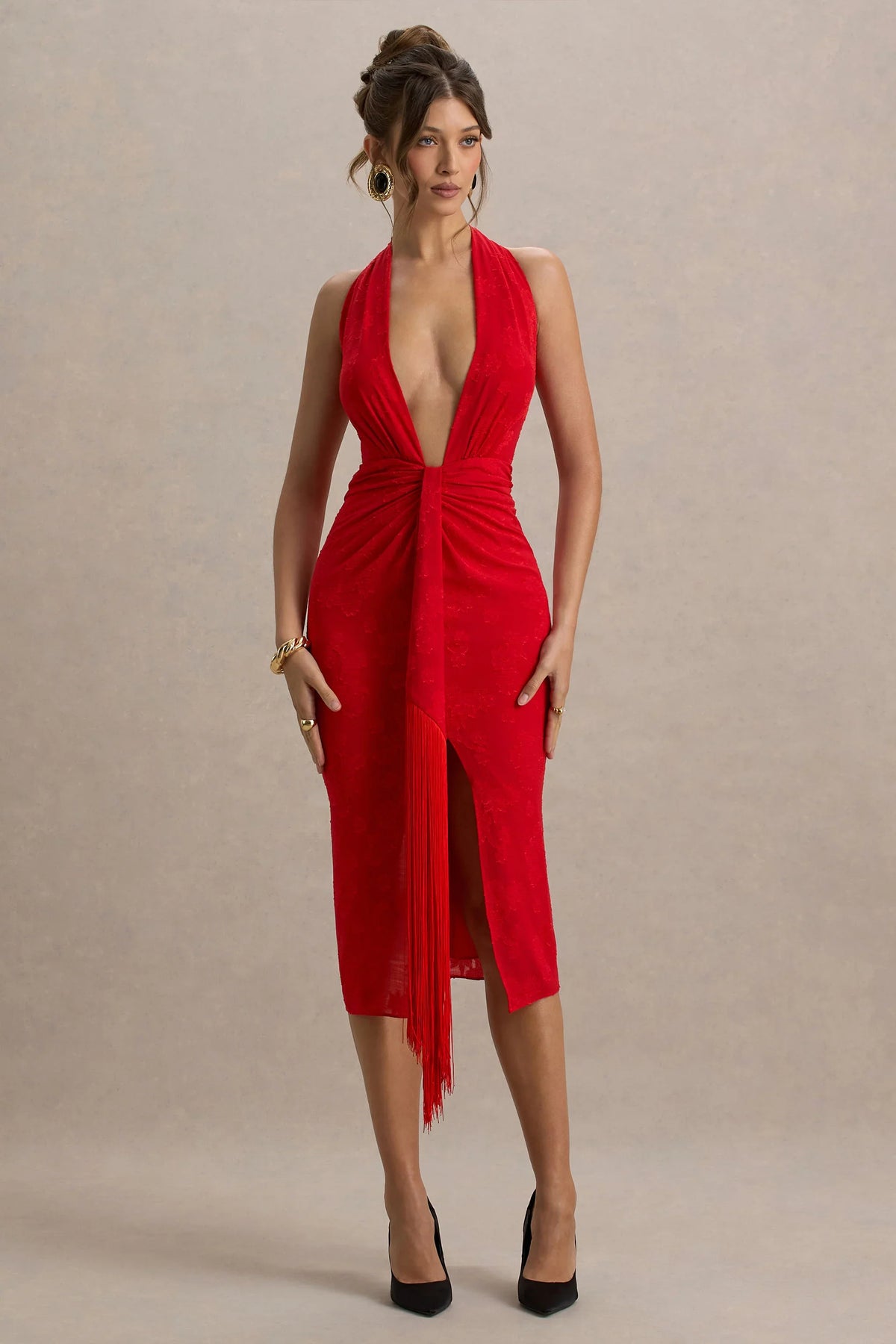 Auria | Red Satin Devore Plunge-Neck Midi Dress With Fringe Details