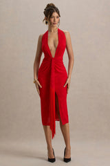 Auria | Red Satin Devore Plunge-Neck Midi Dress With Fringe Details
