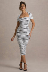 Paxos | White Polka Dot Ruched Short-Sleeve Midi Dress