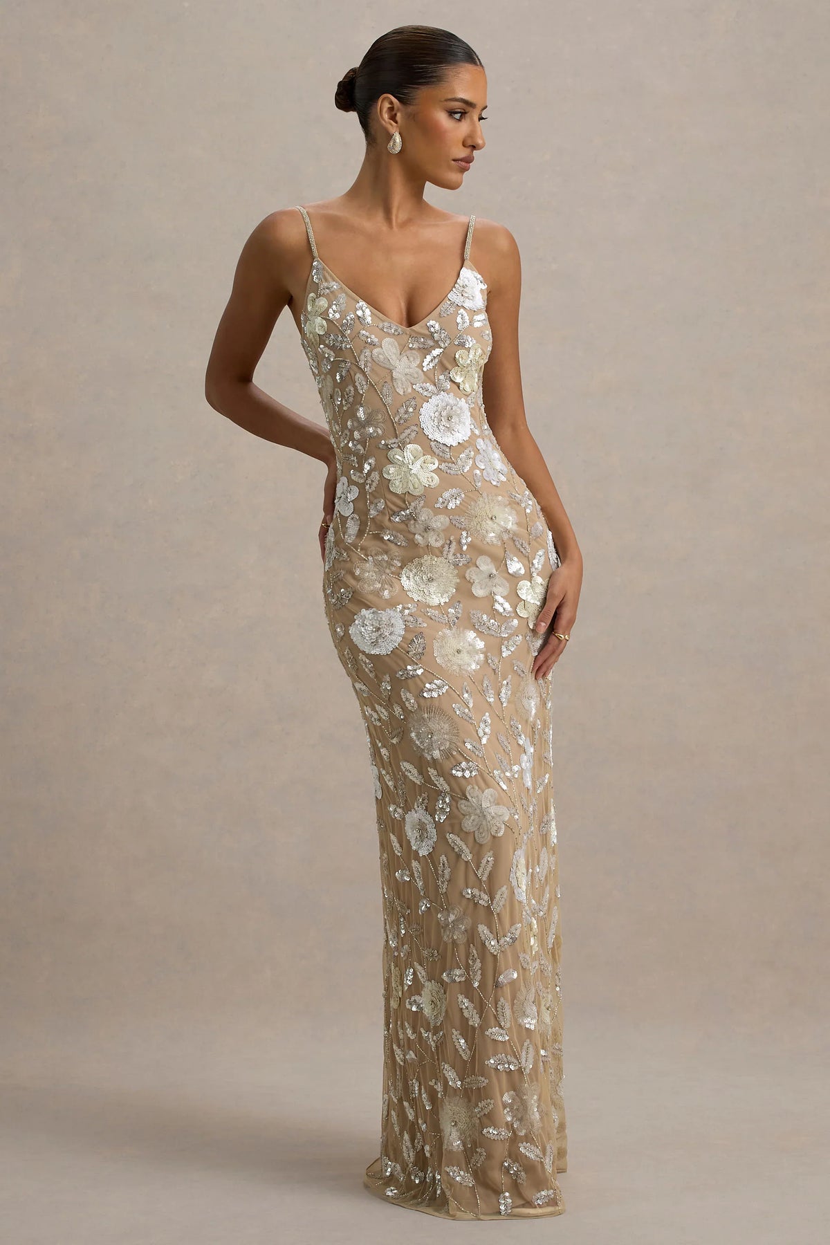 Gemini | Floral Sequin Hand-Embellished Strappy Maxi Dress