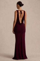 Mallie | Burgundy Cowl-Neck Maxi Dress With Open-Back And Gathered-Detailing