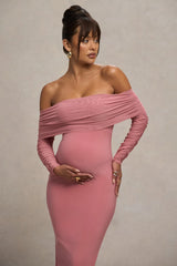 Patiently Waiting | Blush Pink Maternity Ruched Mesh Bardot Midi Dress
