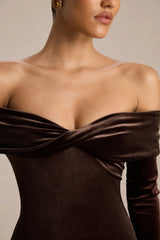 Compliment | Brown Velvet Bardot Midi Dress