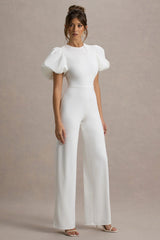 Dillon | White Puff-Sleeve Straight-Leg Jumpsuit