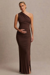 Darcie | Brown Asymmetric-Neck Maternity Maxi Dress