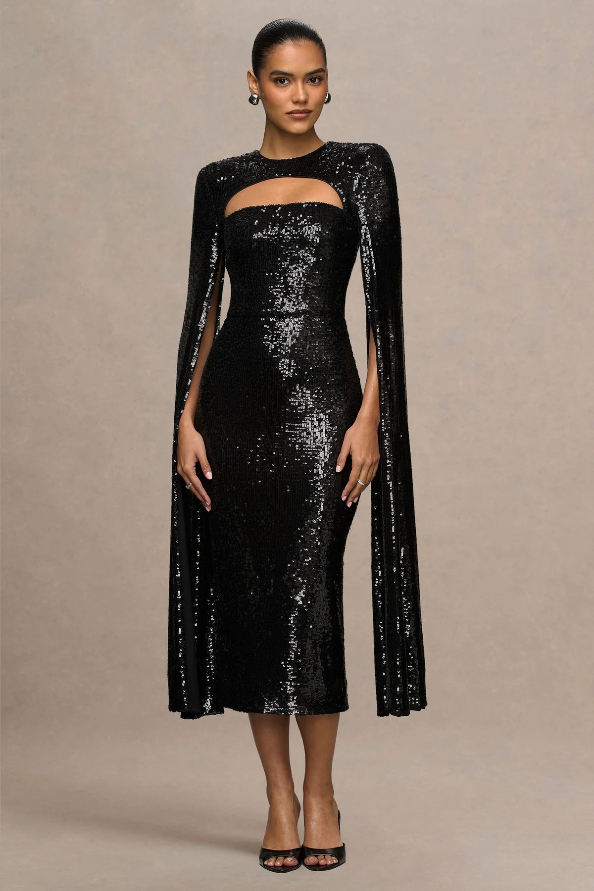 Adeline | Black Sequin Crew-Neck Midi Dress With Cape Sleeves