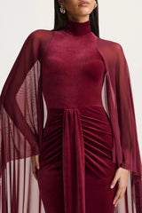 Adoring | Burgundy Velvet High-Neck Maxi Dress With Cape