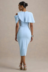 Dorothea | Blue Draped Midi Dress With Cape