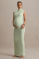 Kienna | Light Green Ruched High-Neck Maternity Maxi Dress