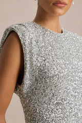 Aurah | Silver Sequin Crew-Neck Maxi Dress With Cap Sleeves