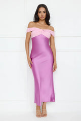 Luxe And Lavish Off Shoulder Satin Maxi Dress Purple