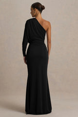 Lola | Black Asymmetric-Neck Maxi Dress With Ruched Detailing And Front High-Split