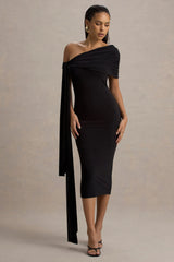 Vallea | Black One-Shoulder Draped Midi Dress