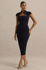 Elsie | Navy Cut-Out Neck Midi Dress With Short Sleeves