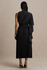 Jimena | Black High-Neck Midi Dress With One-Long Sleeve And Pleated Detailing