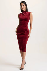 Nivina | Red Velvet High-Neck Midi Dress With Cap-Sleeves