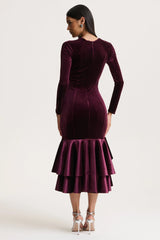 Emberlyn | Burgundy Velvet Scoop-Neck Fishtail Midi Dress