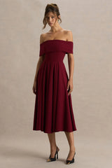 Isabella | Burgundy Bardot-Neck Midi Dress