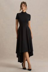Bellona | Black High-Neck High-Low Midi Dress