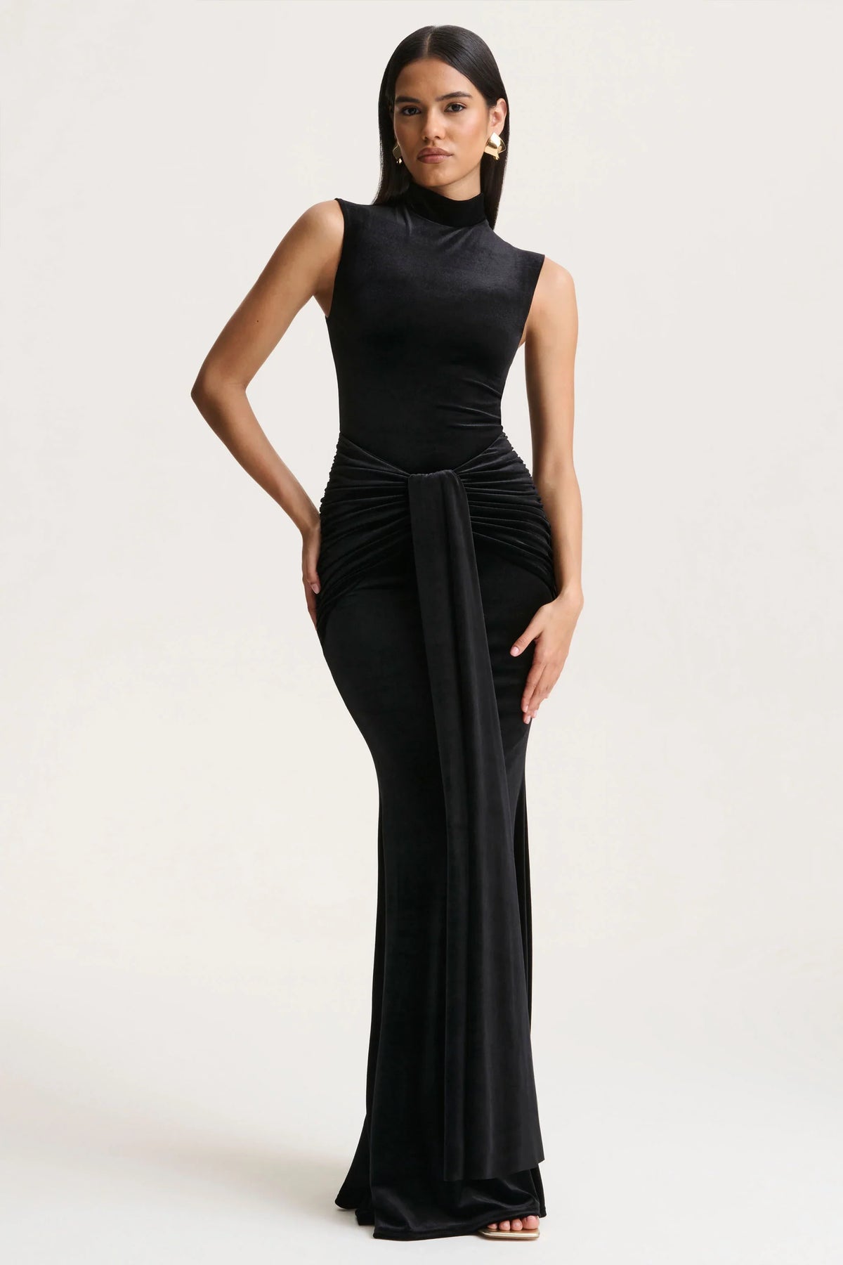 Idalina | Black Velvet High-Neck Maxi Dress With Gathered-Detailing