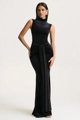 Idalina | Black Velvet High-Neck Maxi Dress With Gathered-Detailing