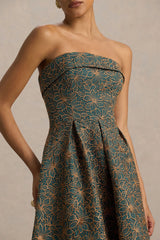 Loretta | Dark Green And Rust Embroidered Bandeau-Neck Midi Dress