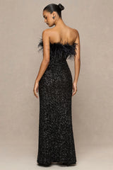 Daze | Black Sequin Bandeau Maxi Dress With Feather-Trim