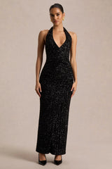 Gio | Black Sequin Plunge-Neck Wrap Maxi Dress With Ruched Detailing