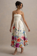 Annalise | Light Pink Floral Print Bandeau Skater Midi Dress