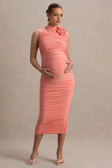 Shellie | Coral High-Neck Maternity Midi Dress With Corsage Detail