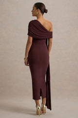 Praia | Burgundy Asymmetric-Neck Midi Dress With Sash and Draped Detailing