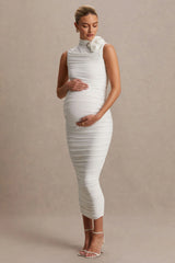 Shellie | White High-Neck Maternity Midi Dress With Corsage Detail