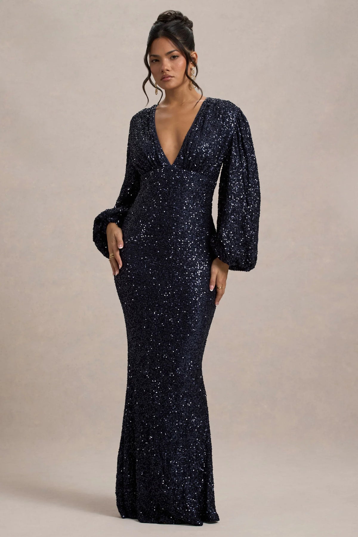 Kaelin | Navy Sequin Plunge-Neck Maxi Dress