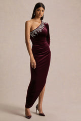Nyssa | Burgundy Embellished Asymmetric-Neck Maxi Dress