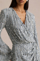 Carmina | Silver Sequin Plunge-Neck Wrap Mini Dress With Sash Detail