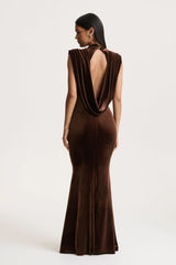 Malora | Brown Velvet High-Neck Maxi Dress With Open-Back