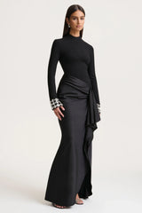 Starred | Black High-Neck Maxi Dress With Satin Wrap-Skirt And Embellished Cuffs