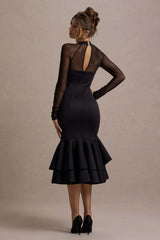 Sander | Black Mesh Long-Sleeve Ruffle-Hem Midi Dress